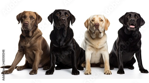 a group of Labrador retrievers, with happy dispositions, healthy-looking, best friend, Pet-themed, horizontal format, photorealistic illustrations in a JPG. 10:4 aspect. Generative AI