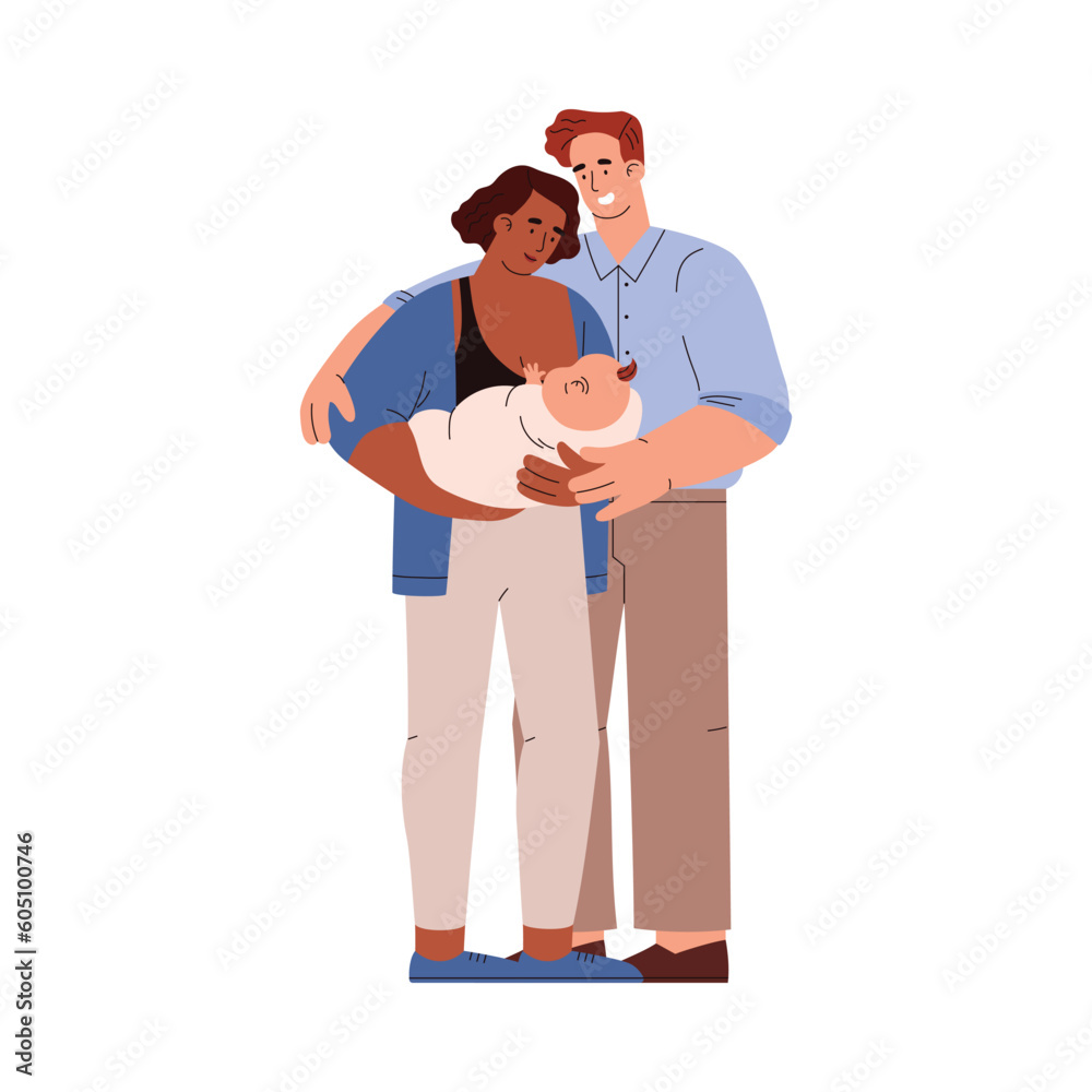 Mother and father with newborn baby flat vector illustration isolated on white.