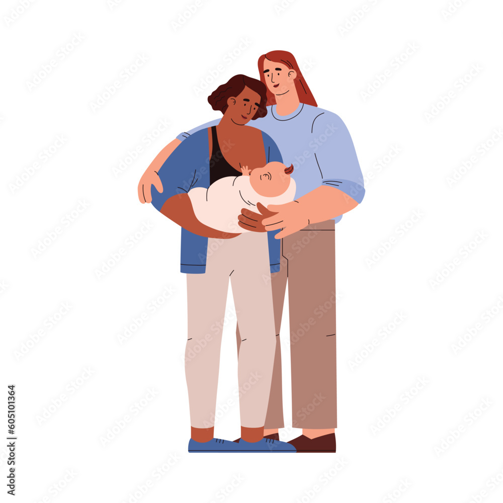 Vector isolated illustration of parents, dark-skinned mothers hold the newborn baby in arms and hug lovingly, transgender person