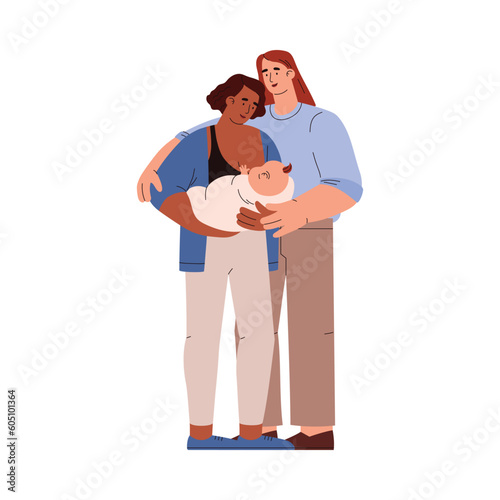 Vector isolated illustration of parents, dark-skinned mothers hold the newborn baby in arms and hug lovingly, transgender person