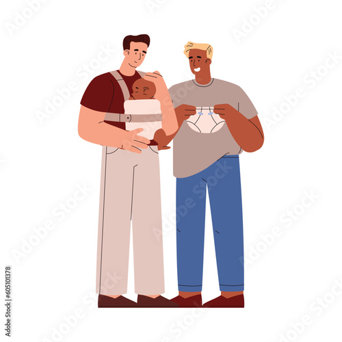 Vector isolated illustration of parents, dark-skinned fathers hold the newborn baby in sling and enjoy, transgender person