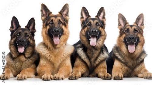 a group of German Shepards, with happy dispositions, healthy-looking, best friend, Pet-themed, horizontal format, photorealistic illustrations in a JPG. 10:4 aspect. Generative ai