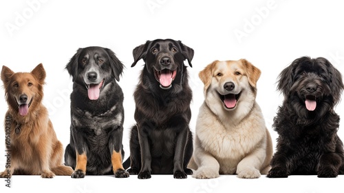 a group of various dog breeds, with happy dispositions, healthy-looking, best friend, Pet-themed, horizontal format, photorealistic illustrations in a JPG. 10:4 aspect. Generative AI 