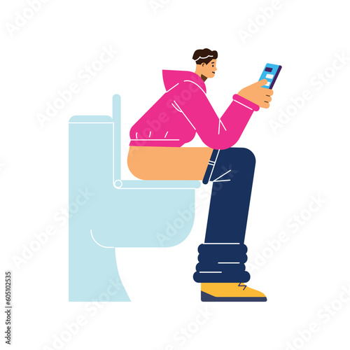 Young man or teenager sits on toilet with phone, flat vector illustration isolated on white background.