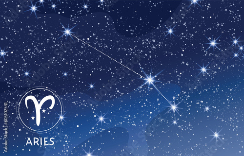 Aries constellation in blue night sky, zodiac sign, astrology banner for horoscope, modern astronomy card, mystical vector boho illustration.