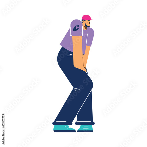 Sad man wants go to toilet, pose flat style, vector illustration