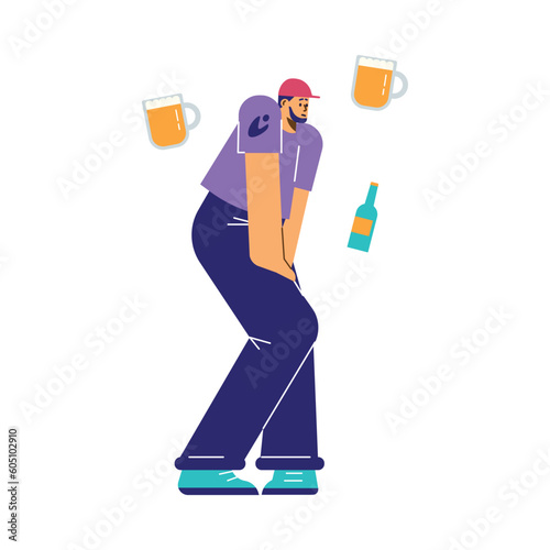 Man experience the urge to urinate after drinking, flat vector illustration isolated.