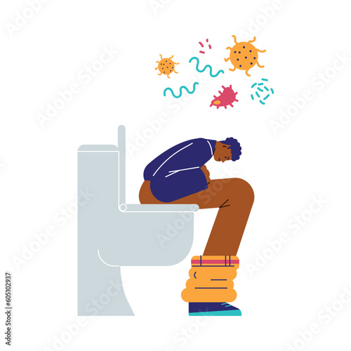 Man sitting on toilet bowl and thinking about bacteria and germs flat style