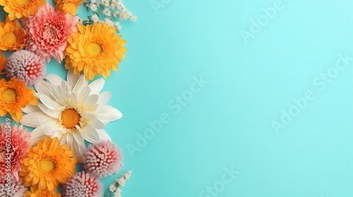 Flat lay beautiful flowers on festive blue background, romantic floral backdrop with copy space. Generative AI © Sergio