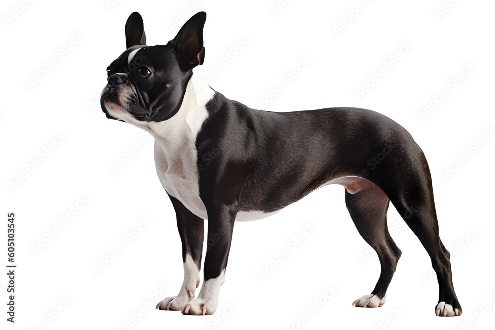 Boston Terrier, realistic full body, standing, transparent background, generative ai