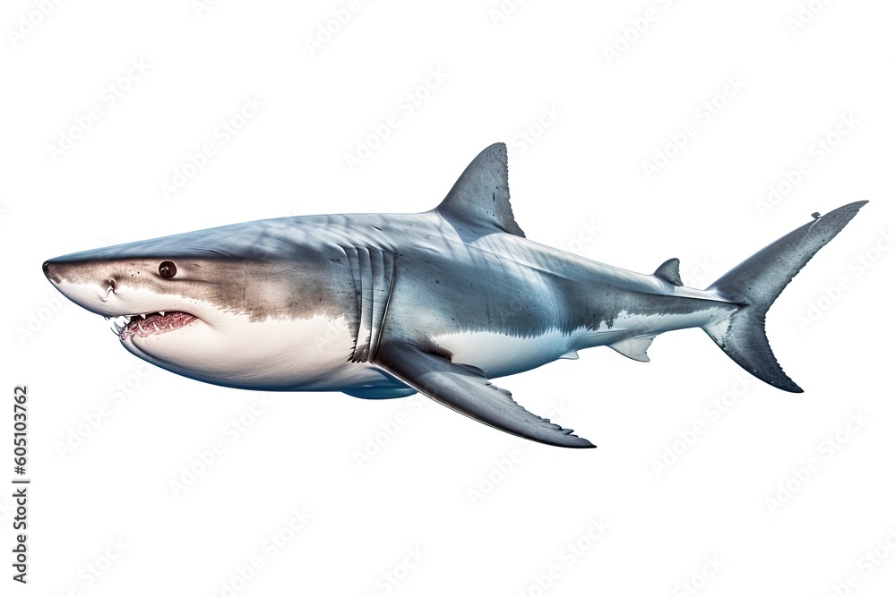 Naklejka premium a Great White Shark, swimming, ocean predator, Aquatic-themed, horizontal format, photorealistic illustrations on a transparent background cutout in PNG. Generative ai