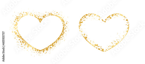 Abstract Heart Shaped Gold Ink Splatter Frame Set. Golden Valentines Day border template.