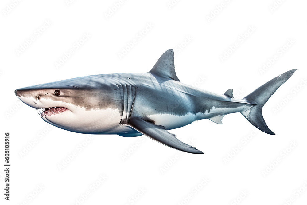 Obraz premium a Great White Shark, swimming, ocean predator, Aquatic-themed, horizontal format, photorealistic illustrations on a transparent background cutout in PNG. Generative ai