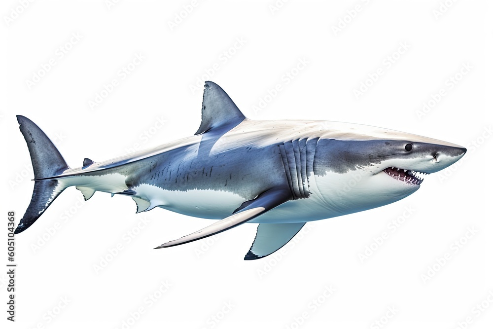 a Great White Shark, swimming,  ocean predator, Aquatic-themed, horizontal format, photorealistic illustrations on a transparent background cutout in PNG. Generative ai