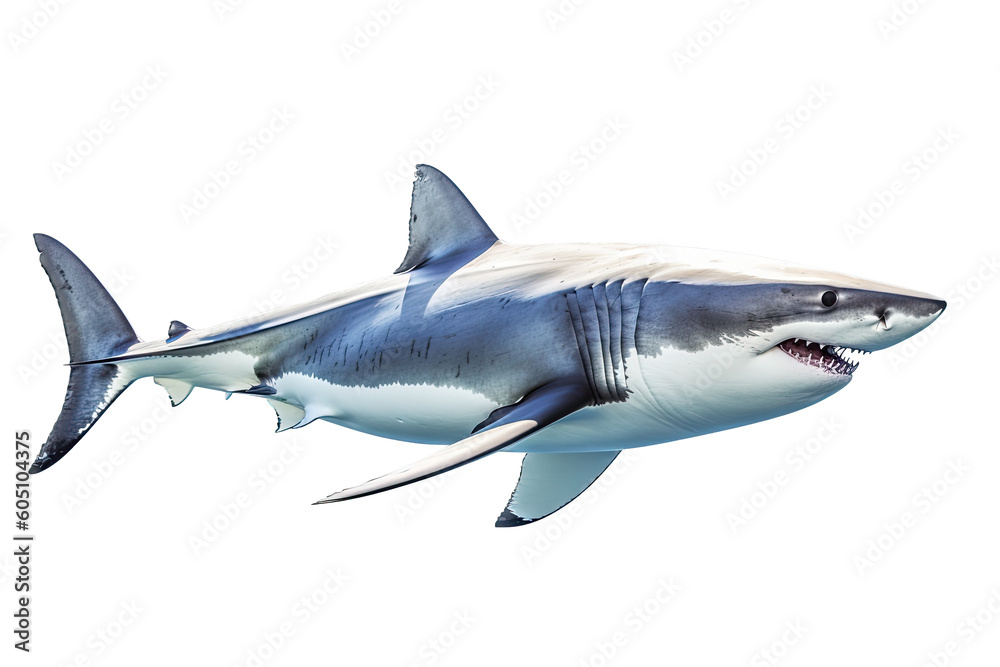 Naklejka premium a Great White Shark, swimming, ocean predator, Aquatic-themed, horizontal format, photorealistic illustrations on a transparent background cutout in PNG. Generative ai