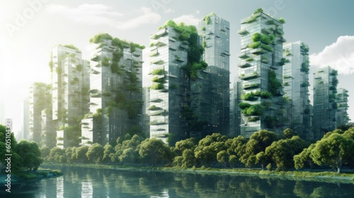 Spectacular eco-futuristic cityscape ESG concept full with greenery, river, skyscrapers, parks. Generative AI.