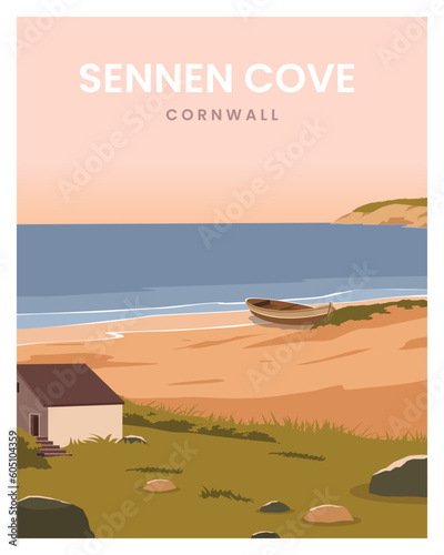 Beautiful travel poster in Sennen Cove beach Cornwall. vector illustration landscape with colored style.