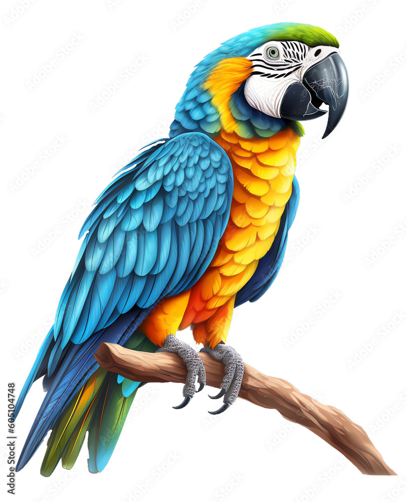 Fototapeta premium Ara Ararauna Blue Yellow Macaw Parrot, Isolated Generative AI Illustration