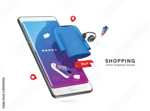 shirts, shoes, headphones, red order button, promotion tag, pin location all object floating on smartphone screen