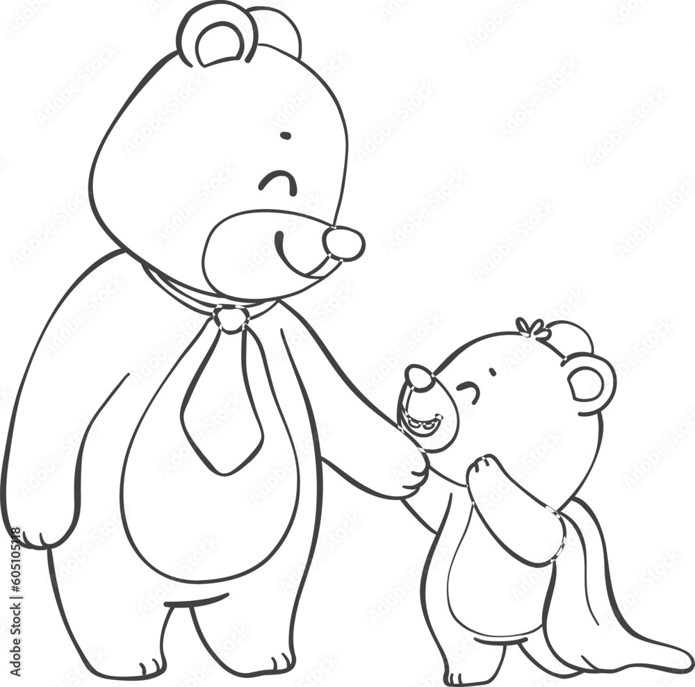 Obraz premium Cute super Hero Daddy bear and happy baby bear father's day cartoon animal outline doodle drawing