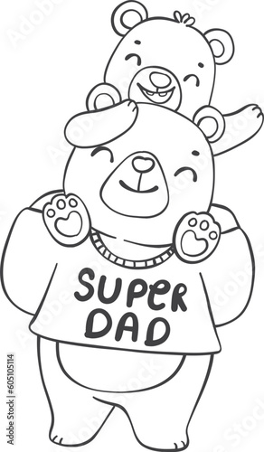 Cute super Hero Daddy bear and happy baby bear father s day cartoon animal outline doodle drawing
