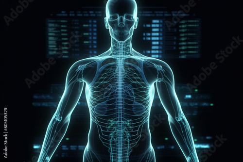 Future medicine. Medicine doctor using digital medical futuristic interface. Molecular fluorescent neuron network and DNA is used in medicine. Healthcare, analysis, diagnose, laboratory