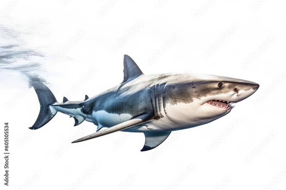Naklejka premium a Great White Shark, swimming, 3/4 view, Aquatic-themed, horizontal format, photorealistic illustrations on a transparent background cutout in PNG. Generative ai