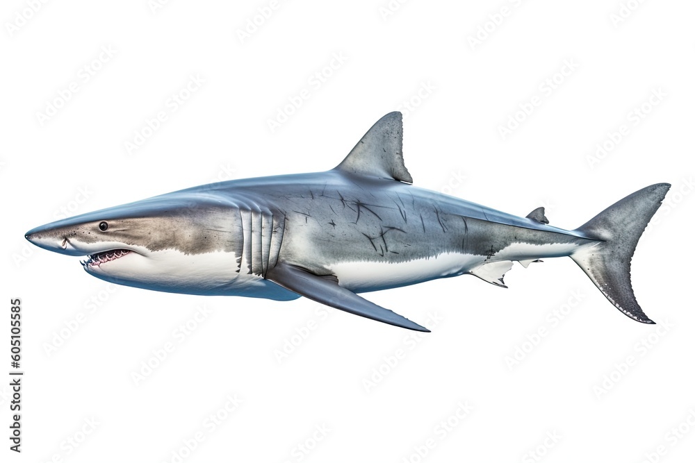 Fototapeta premium a Great White Shark, swimming, ocean predator, Aquatic-themed, horizontal format, photorealistic illustrations on a transparent background cutout in PNG. Generative ai