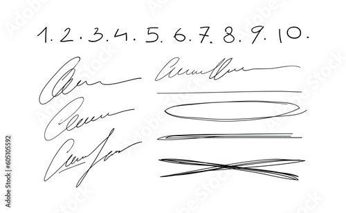 A set of handwritten scribbles and numbers, signature, strikethrough blots, mistakes. Hand drawn set of pen lines and design elements, vector illustration isolated on white background.