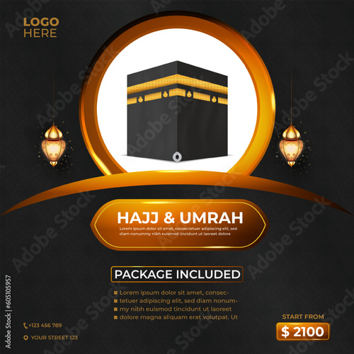 Tour Hajj and Umrah social media  Template Vector Design With realistic kaaba for Islamic background, flyer, banner