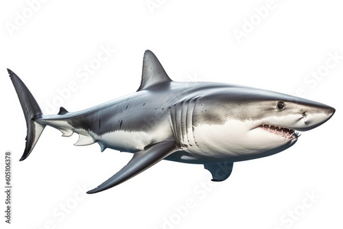 a Great White Shark  swimming   ocean predator  Aquatic-themed  horizontal format  photorealistic illustrations on a transparent background cutout in PNG. Generative ai