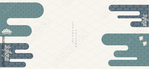 Abstract art landscape with Asian traditional background elements. Cloud, wave icon and geometric pattern decorations with hand drawn line wave and Japanese cloud backdrop in vintage style. 