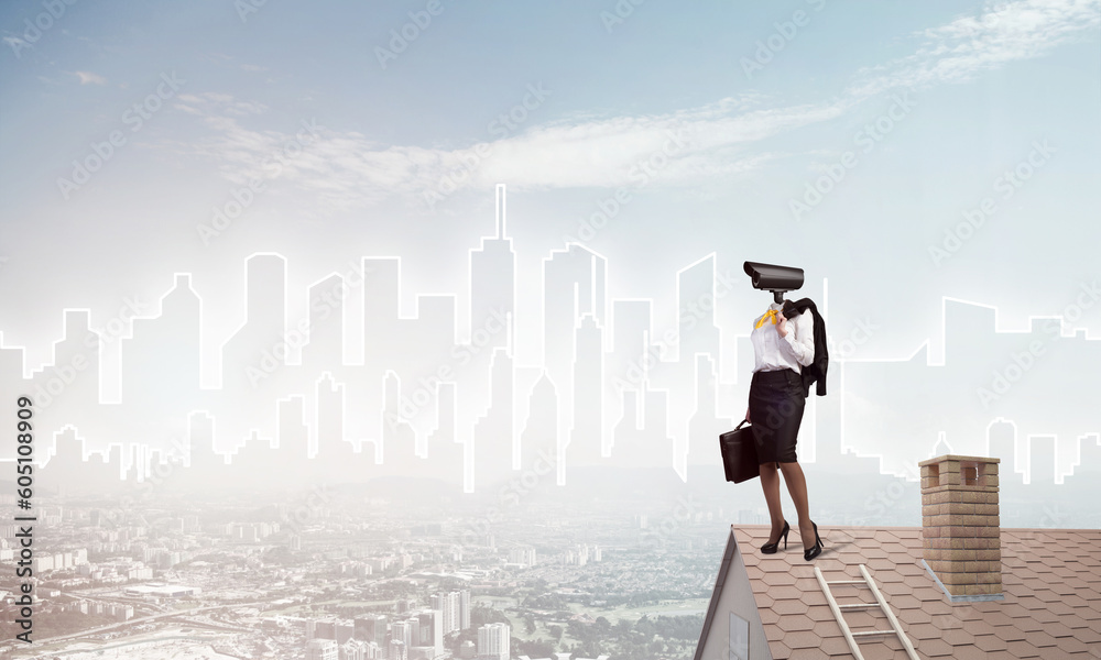 Concept of home security and privacy protection with camera headed woman Concept of home security and privacy protection with camera headed woman