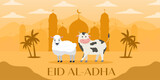 eid al adha mubarak banner illustration with sheep and cow on silhouette mosque background