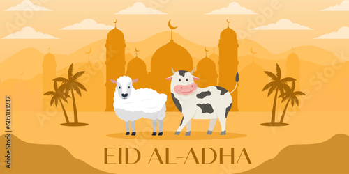 eid al adha mubarak banner illustration with sheep and cow on silhouette mosque background photo