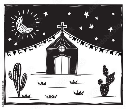 Small country church, starry night and cacti, Festa Junina decoration. Woodcut vector, in the Brazilian cordel style