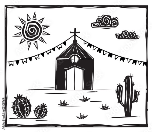 Small country church, sunny sky, Festa Junina decoration. Woodcut vector, in the Brazilian cordel style