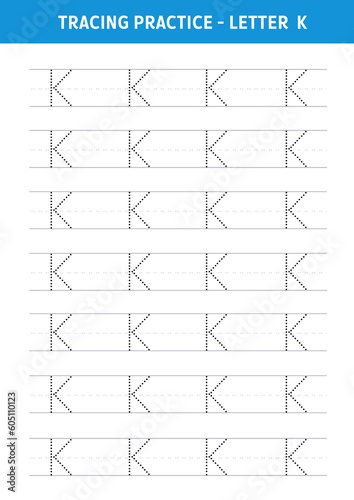 Alphabet Letter K Tracing Worksheet.Alphabet letters tracing worksheet with all alphabet letters.Developing skills of writing.A4 paper ready to print.