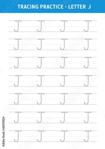 Alphabet Letter J Tracing Worksheet.Alphabet letters tracing worksheet with all alphabet letters.Developing skills of writing.A4 paper ready to print.