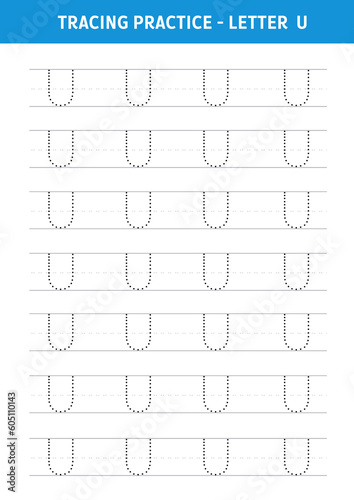 Alphabet Letter U Tracing Worksheet.Alphabet letters tracing worksheet with all alphabet letters.Developing skills of writing.A4 paper ready to print.
