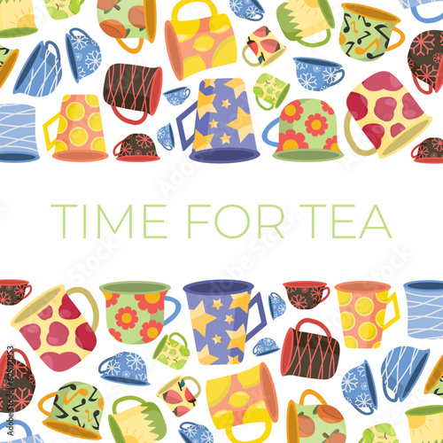 tea cups, horizontal background . vintage teacup collection, tea ceremony. mugs with fruits, flowers, lines, hand drawn patterns. vector cartoon flat illustration