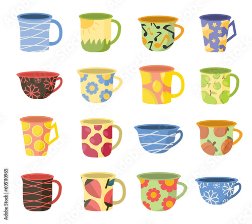 tea cups set . vintage teacup collection, tea ceremony. mugs with fruits, flowers, lines, hand drawn patterns. vector cartoon flat illustration