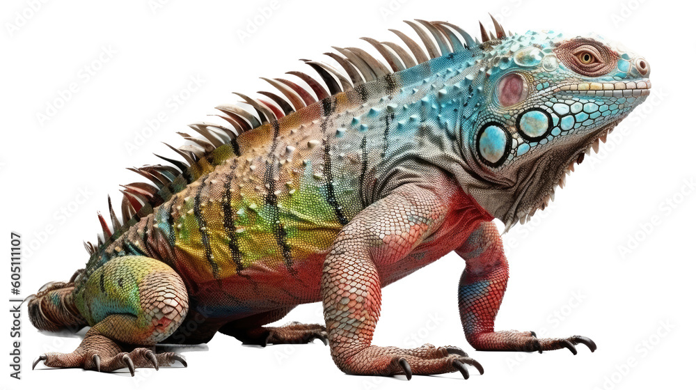 Obraz premium an Iguana side view, in an isolated and transparent PNG in a Nature-themed, photorealistic illustration. Generative ai