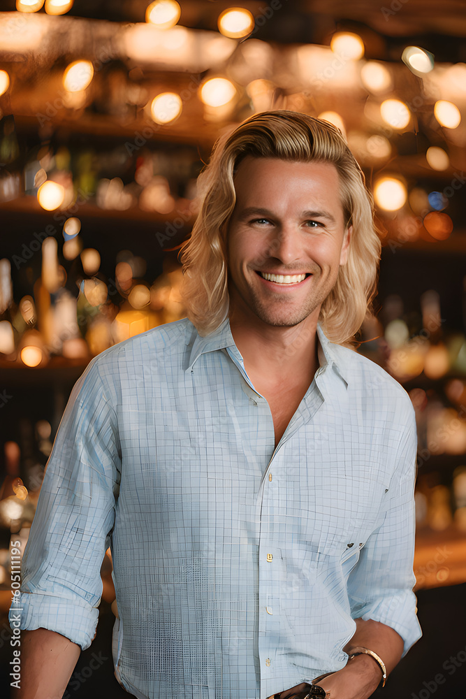 Fototapeta premium ai-generated, illustration of a handsome fictional male bartender set against a bar background