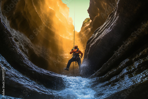 A man canyoning in the cliff near the waterfall photo