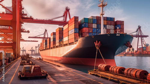 Maritime Logistics, Exploring the Operations of a Cargo Ship with Containers at a Busy Port, Generative AI