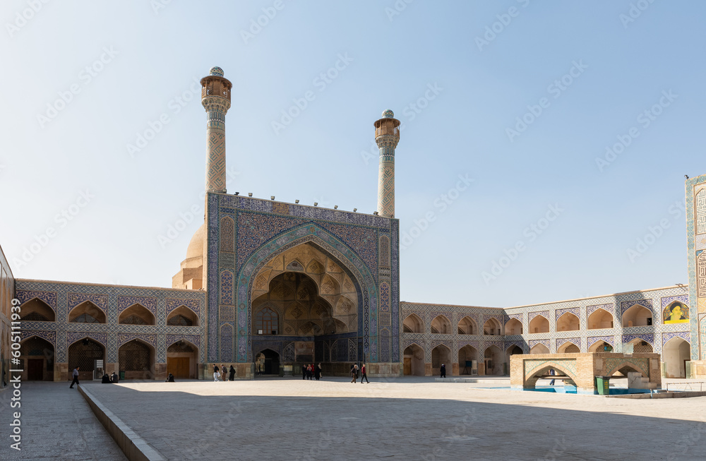 South iwan (left) and west iwan of the courtyard of Jameh or Jame Mosque (also Atig or Friday Mosque), Iran's oldest mosque in Isfahan, Iran. UNESCO World Heritage.