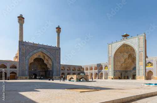 South iwan (left) and west iwan of the courtyard of Jameh or Jame Mosque (also Atig or Friday Mosque), Iran's oldest mosque in Isfahan, Iran. UNESCO World Heritage.