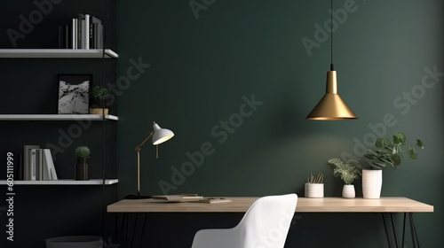 Home office desk with dark green wall and white table mock up