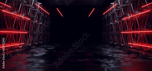 Sci Fi Futuristic Alien Spaceship Podium Tunnel Corridor Room Stage Glowing Laser Red Lights Wall Floor Cables And Devices Empty Space Showcase Garage 3D Rendering